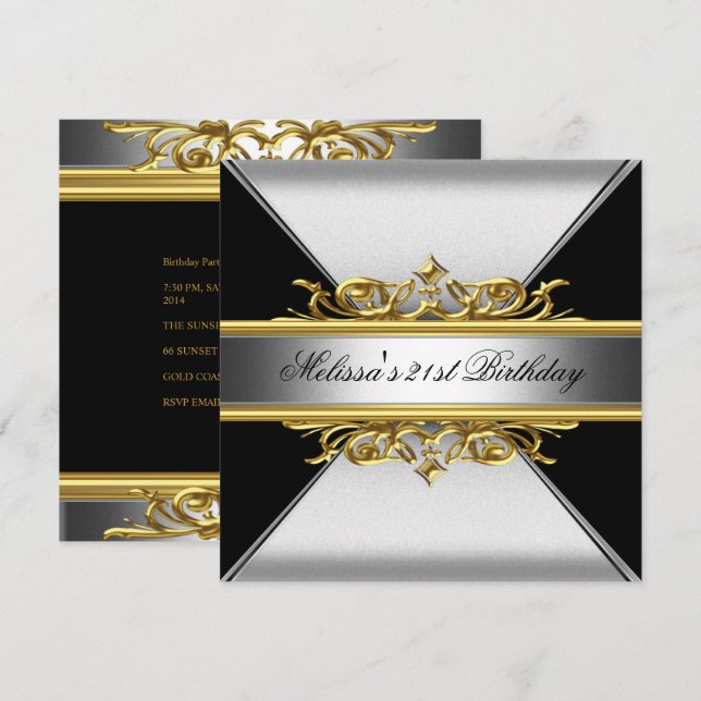 Invitation Black Silver Gold sur Black 21ème anniversaire fêt (Devant / Derrière)