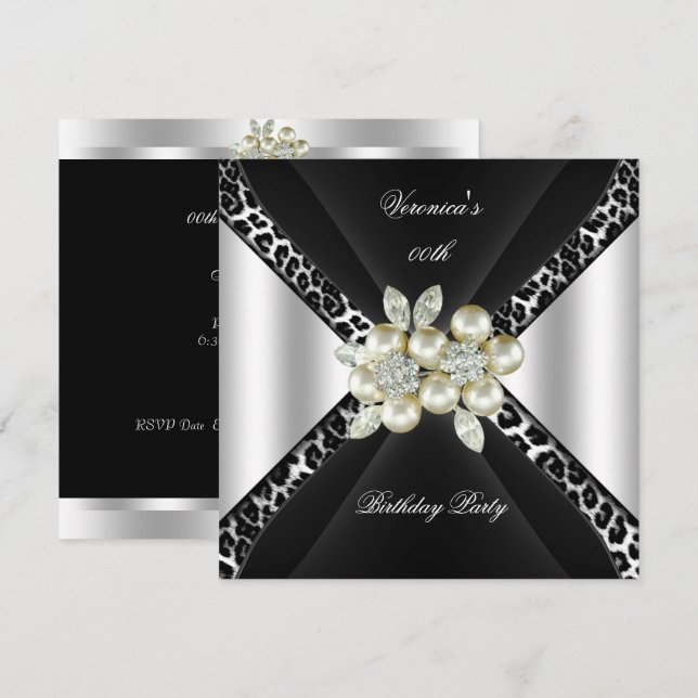 Invitation Black Silver Leopard Pearl Jewel Anniversaire (Devant / Derrière)