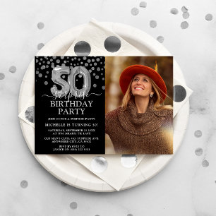 Invitation Black & Silver moderne 50e photo d'anniversaire su