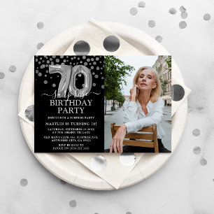 Invitation Black & Silver moderne 70e photo d'anniversaire su