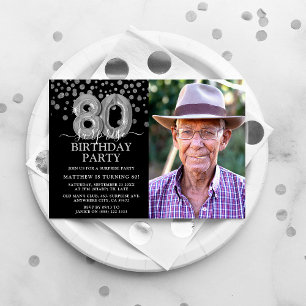 Invitation Black & Silver moderne 80e photo d'anniversaire su
