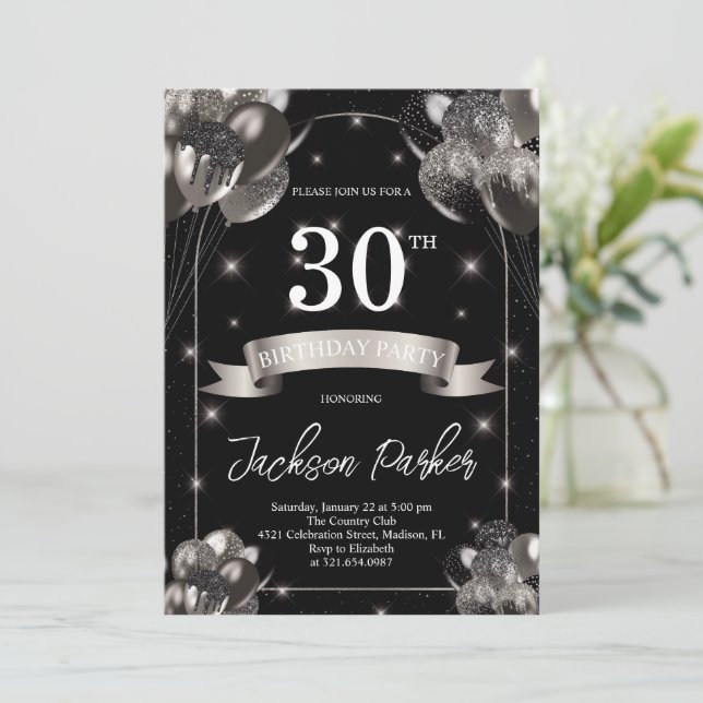 Invitation Black Silver Parties scintillant Ballons 30e fête  (Debout devant)