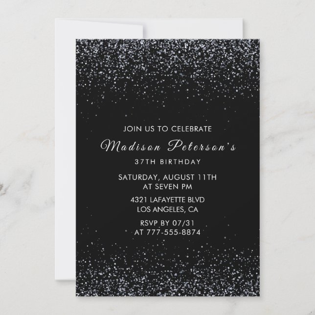 Invitation Black Silver Parties scintillant Glam Chic 37e ann (Devant)