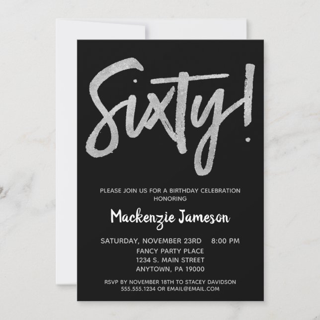 Invitation Black Silver Script 60e anniversaire de fête Invit (Devant)