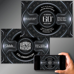Invitation Black Silver Surprise 60e anniversaire fête