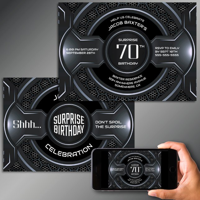 Invitation Black Silver Surprise 70e anniversaire (Créateur téléchargé)