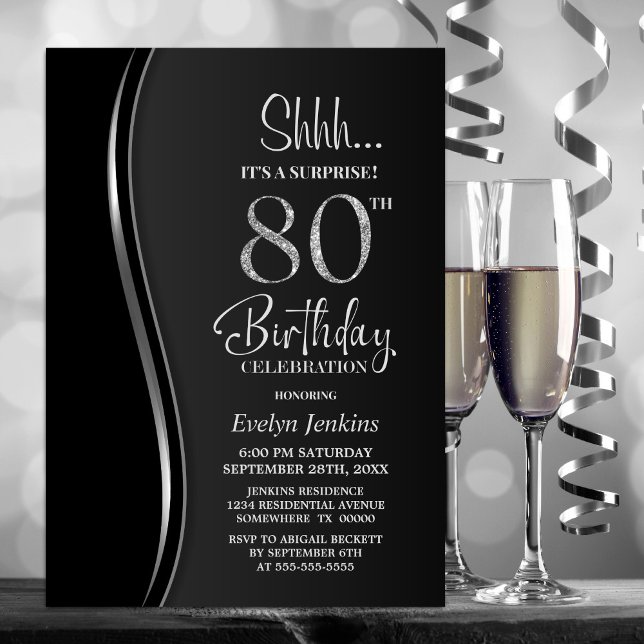 Invitation Black Silver Surprise 80e anniversaire (Créateur téléchargé)