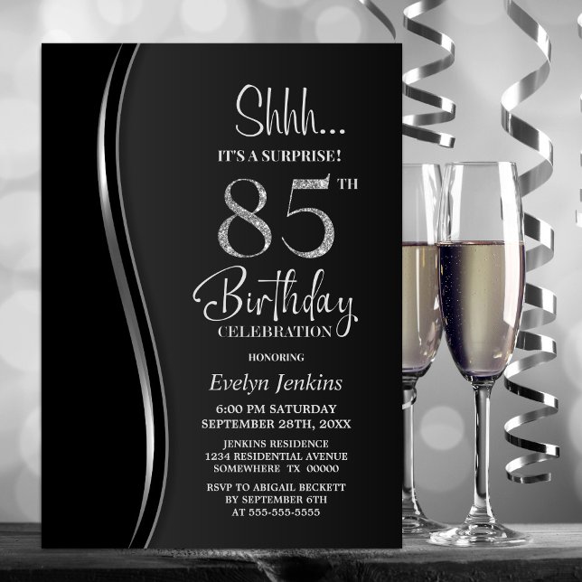 Invitation Black Silver Surprise 85e anniversaire (Créateur téléchargé)