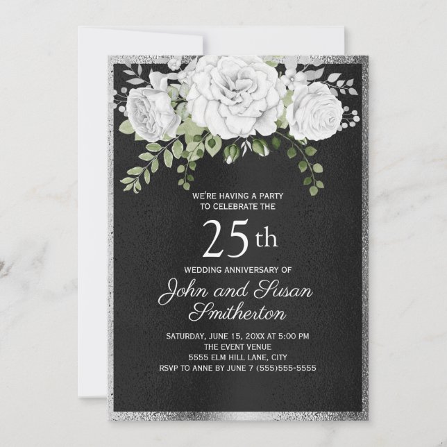Invitation Black Silver White Floral 25e anniversaire Mariage (Devant)