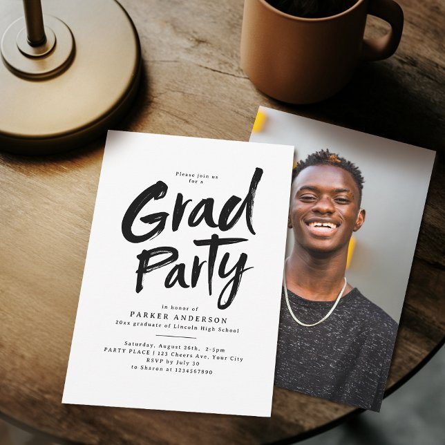 Invitation Black Simple Moderne Brush Script Grad Party (Black Simple Modern Brush Script Grad Party Invitation)