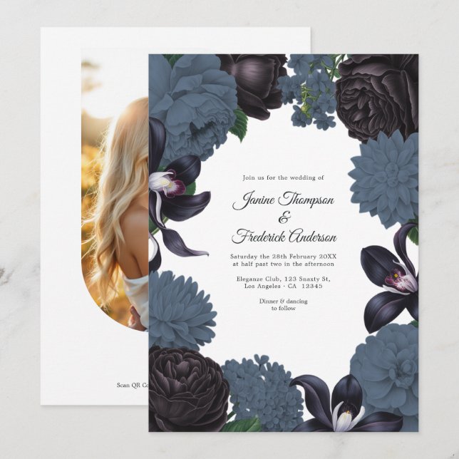 Invitation Black & Slate Photo/QR Code Floral Wedding (Devant / Derrière)