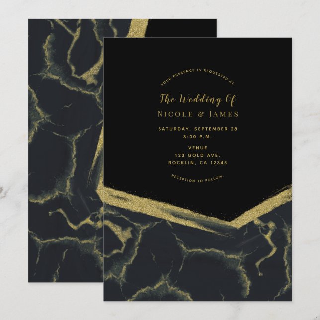 Invitation Black Smoke & Gold Marble Chic Mariage moderne (Devant / Derrière)