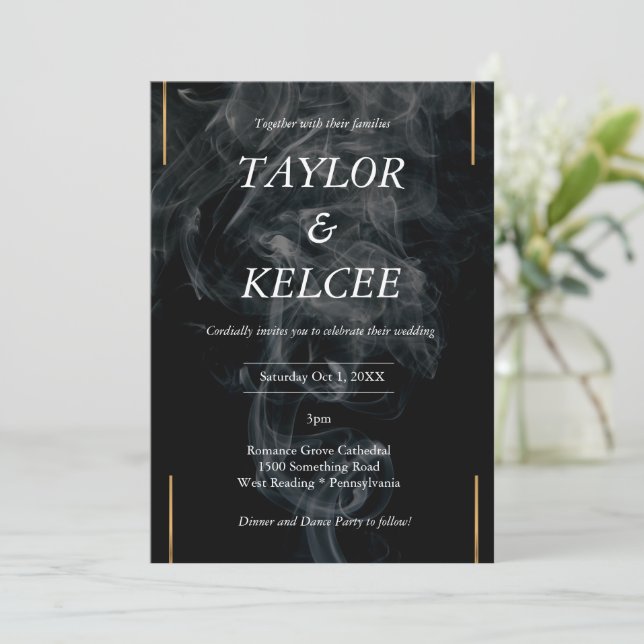 Invitation Black Smoke Gold Mariage personnalisable (Debout devant)