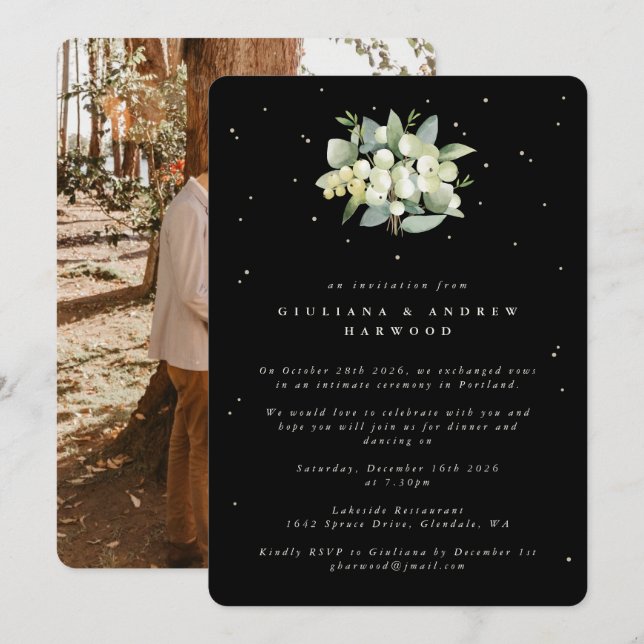 Invitation Black Snowberry+Eucalyptus Réception de mariage Ph (Devant / Derrière)