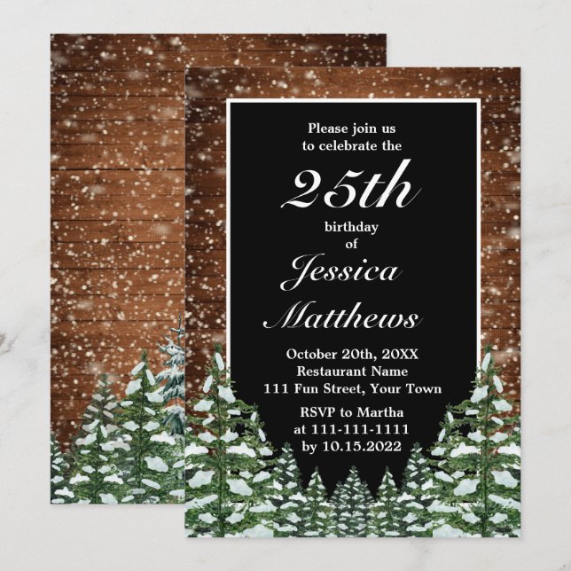 Invitation Black Snowy Bois & Forêt Fête d'anniversaire perso (Devant / Derrière)