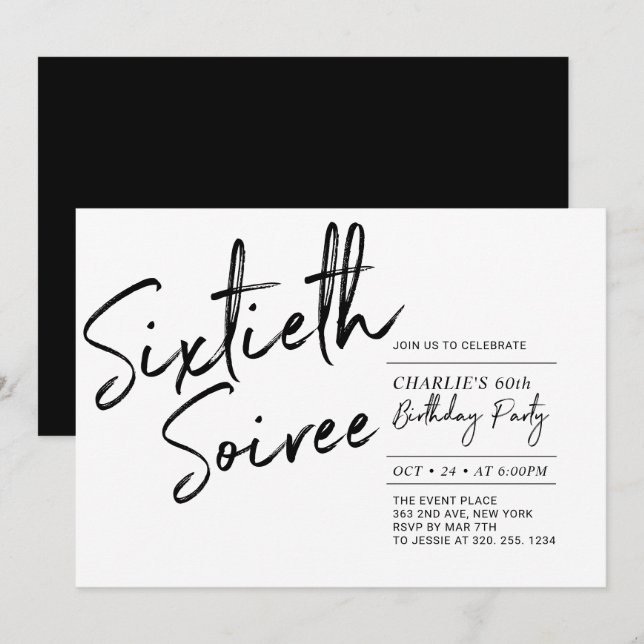 Invitation Black | Soixante Soiree Moderne 60e fête d'anniver (Devant / Derrière)