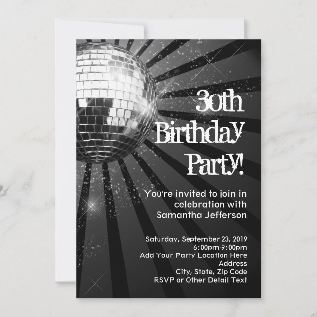 Invitation Black Sparkle Disco Ball 30e anniversaire (Devant)