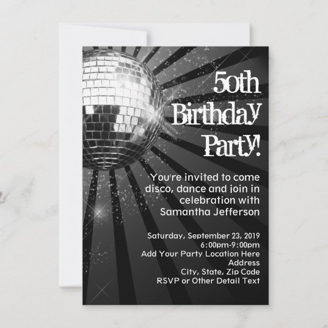 Invitation Black Sparkle Disco Ball 50ème anniversaire (Devant)