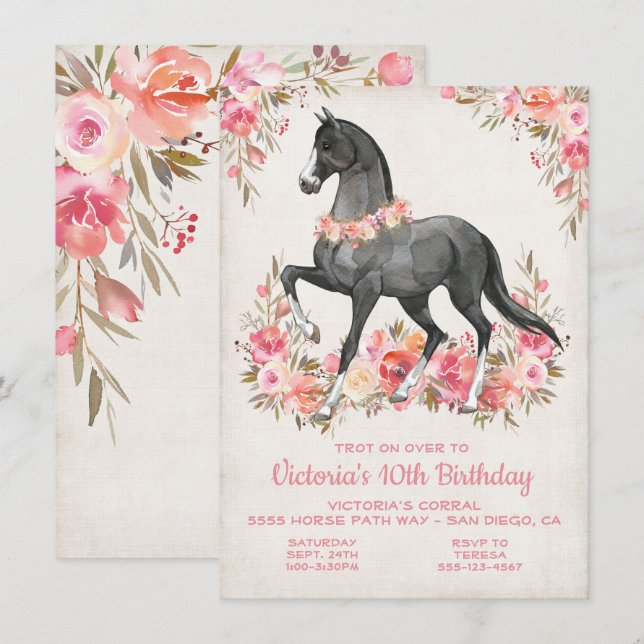 Invitation Black Stallion fleurie Cheval fête d'anniversaire (Devant / Derrière)