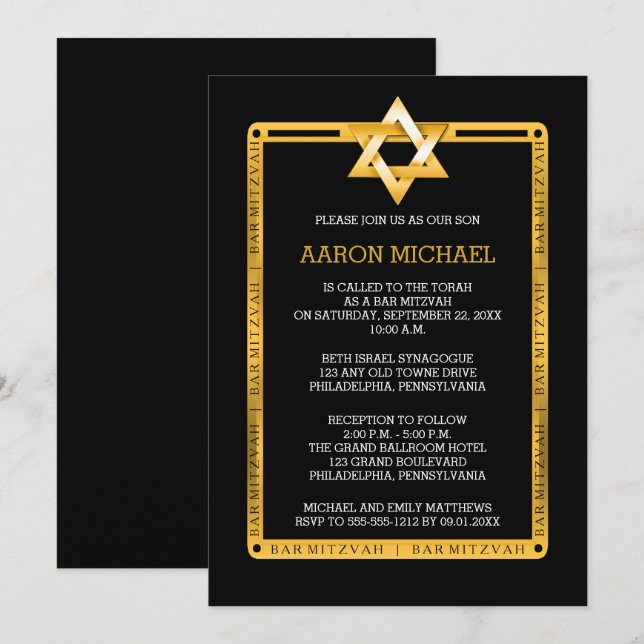 Invitation Black | Star de ton or de David Bar Mitzvah (Devant / Derrière)