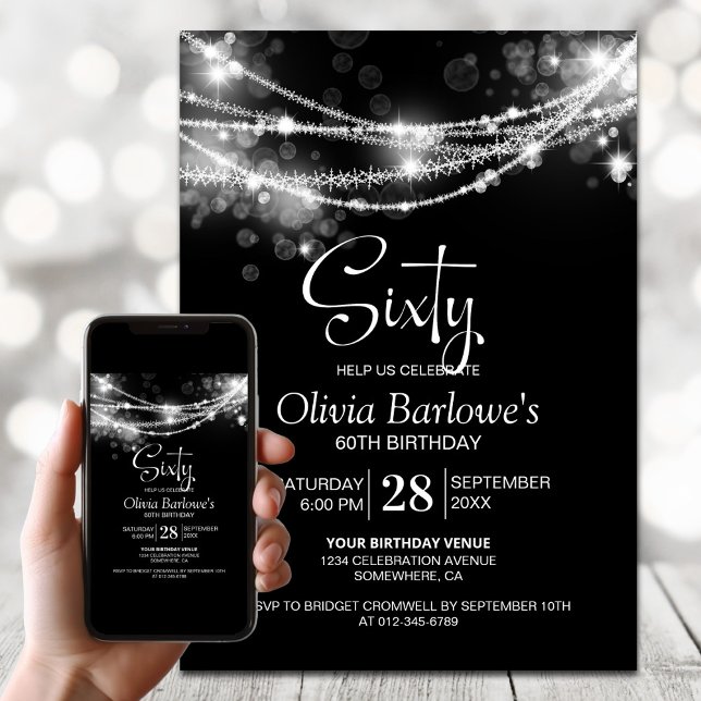 Invitation Black String Lights 60e fête d'anniversaire (Créateur téléchargé)