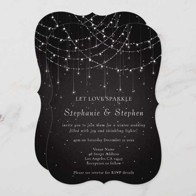 Invitation Black String Lights QR Code Mariage festif (Devant / Derrière)