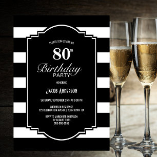 Invitation Black Striped 80th Birthday Party
