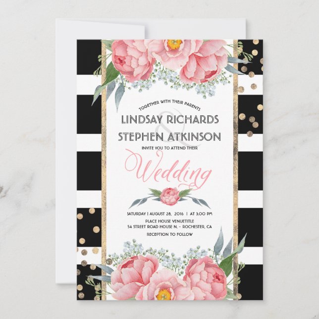 Invitation Black Stripes Gold Confetti rose Mariage Floral (Devant)