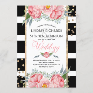 Invitation Black Stripes Gold Confetti rose Mariage Floral