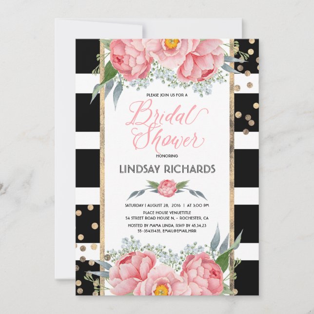 Invitation Black Stripes Gold et rose Fête des mariées floral (Devant)
