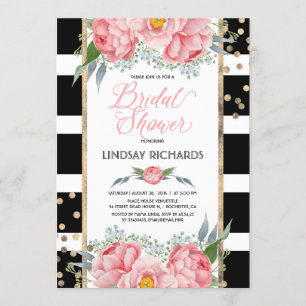 Invitation Black Stripes Gold et rose Fête des mariées floral