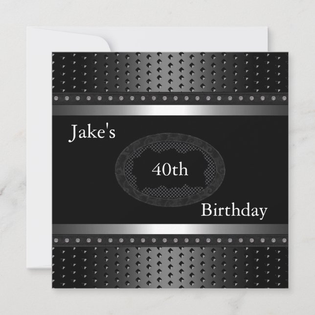 Invitation Black Studs 40th Birthday Party Silver Mens (Devant)