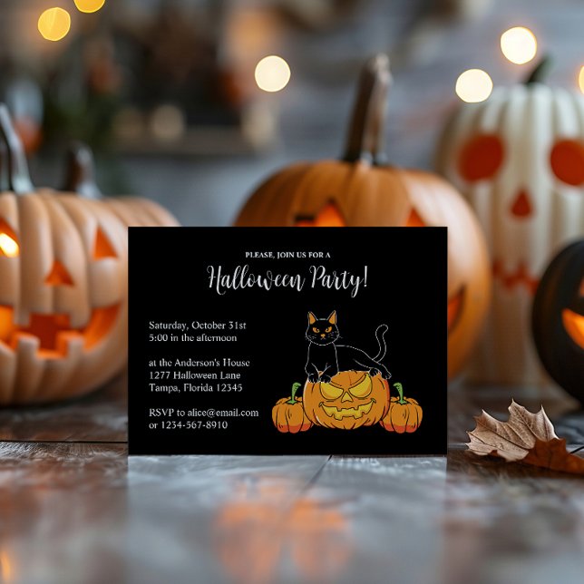 Invitation Black Stylish Halloween Party Chat & Citrouille Im (Black Stylish Halloween Party Cat & Pumpkin Print Invitation)