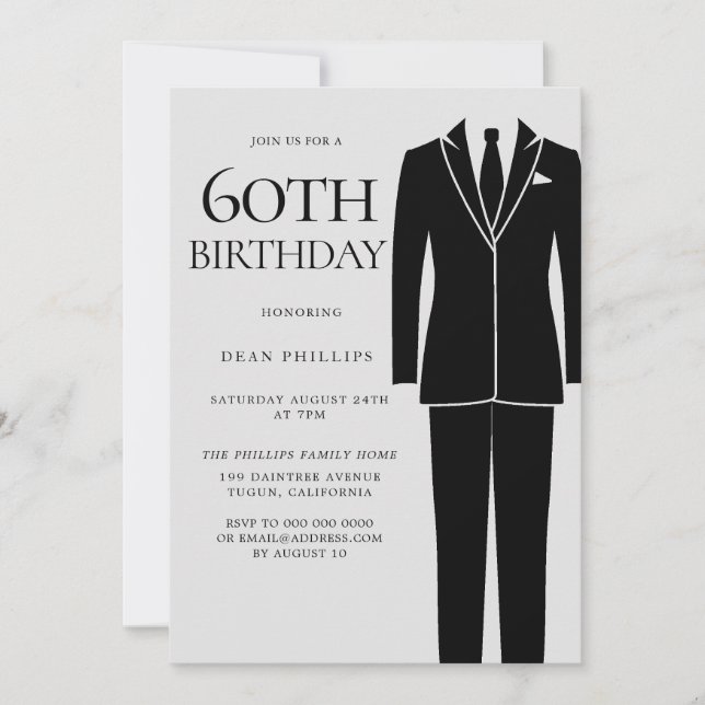 Invitation Black Suit & Cravate Mens 60e fête d'anniversaire (Devant)