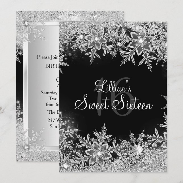 Invitation Black Sweet 16 Diamond Snowflake Winter Wonderland (Devant / Derrière)