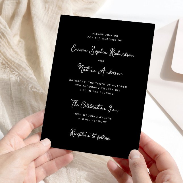 Invitation Black Sweet et Whimsical | Mariage simple (An elegant, dark black wedding invitation with whimsical, vintage style white script)
