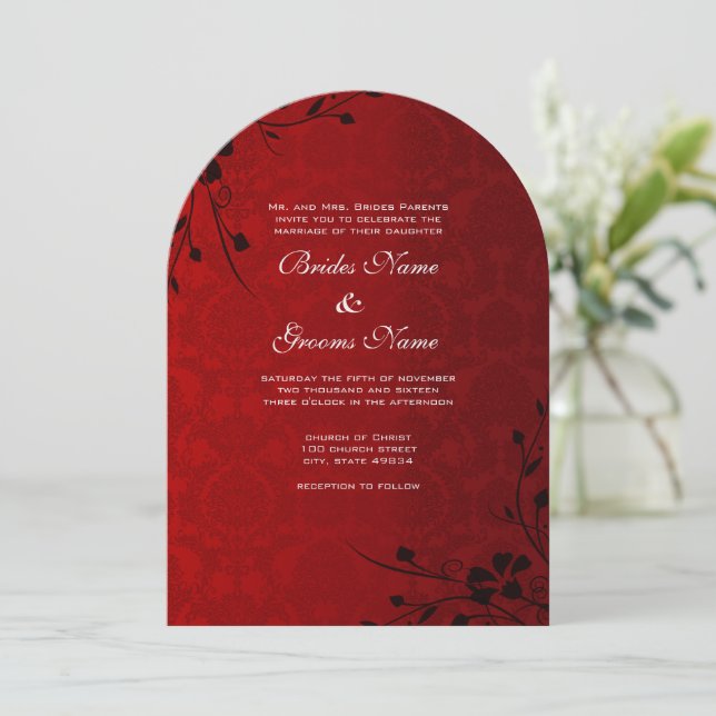 Invitation Black Swirls Lighter Red Metallic Mariage damassé (Debout devant)