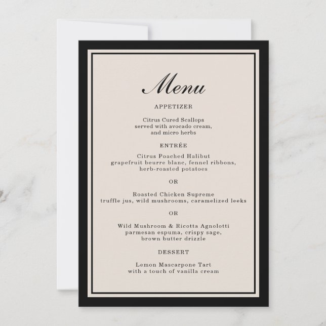 Invitation Black Tie Wedding Classic Menu Card (Devant)