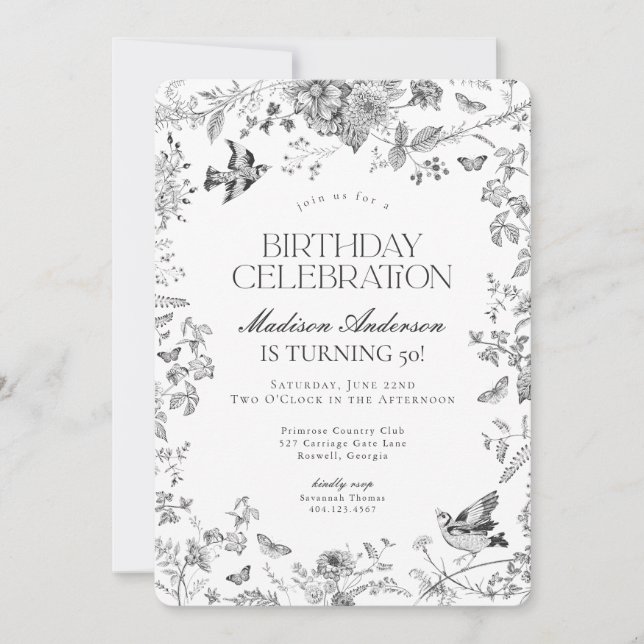 Invitation Black Toile De Jouy Fête d'Anniversaire Florale Fr (Devant)