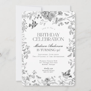 Invitation Black Toile De Jouy Fête d'Anniversaire Florale Fr