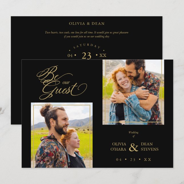 Invitation Black Trendy 2 Photos Fake Golden (Devant / Derrière)
