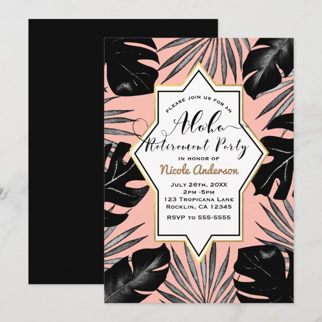 Invitation Black Tropical Feuille Coral Peach Gold Retraite (Devant / Derrière)