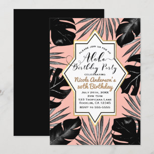Invitation Black Tropical Feuilles & Coral Peach Gold Anniver