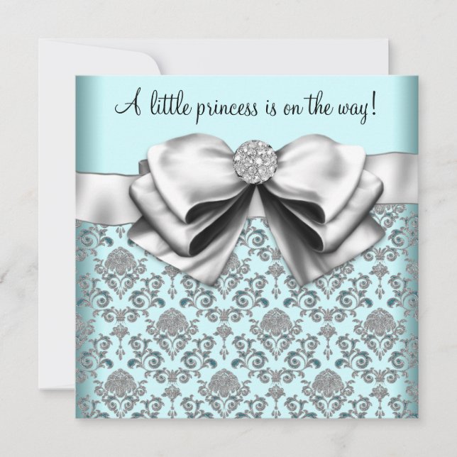 Invitation Black Turquoise Blue Damask Princess Baby shower (Devant)