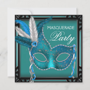 Invitation Black Turquoise Blue Masquerade Party