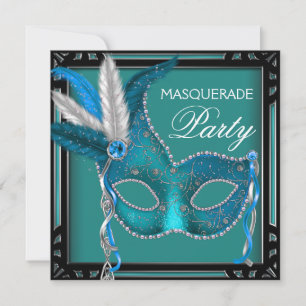 Invitation Black Turquoise Blue Masquerade Party