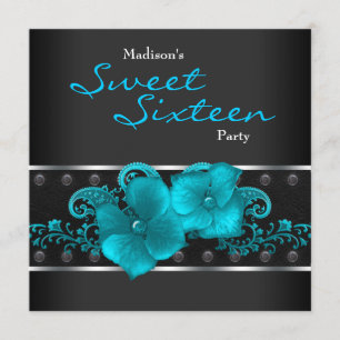 Invitation Black Turquoise Blue Sweet 16 Anniversaire