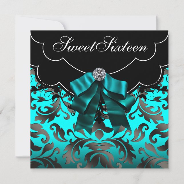 Invitation Black Turquoise Blue Sweet sixteen fête d'annivers (Devant)