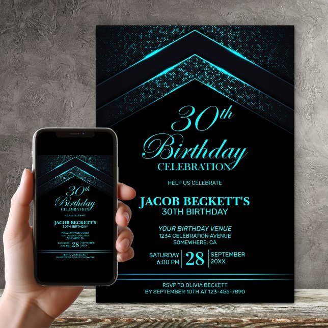 Invitation Black Turquoise moderne 30e anniversaire (Créateur téléchargé)