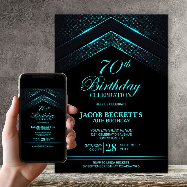 Invitation Black Turquoise moderne 70e anniversaire (Créateur téléchargé)
